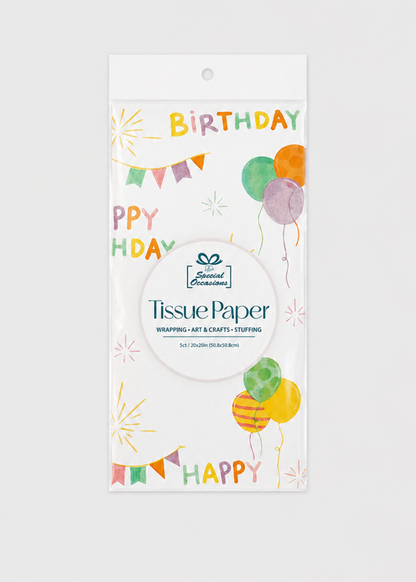 Pack of birthday-themed tissue paper with colorful designs on a white background