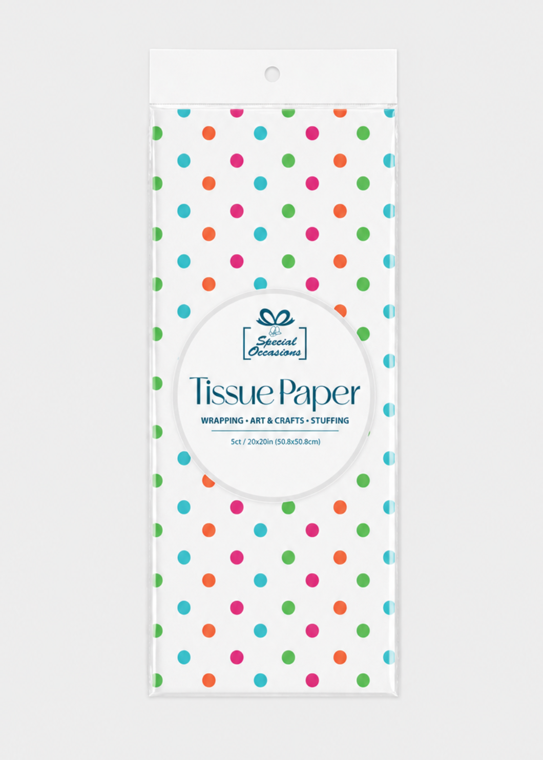 Pack of tissue paper with colorful polka dots on a white background