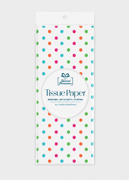 Pack of tissue paper with colorful polka dots on a white background