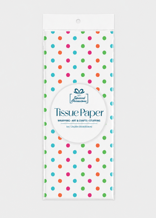 Pack of tissue paper with colorful polka dots on a white background