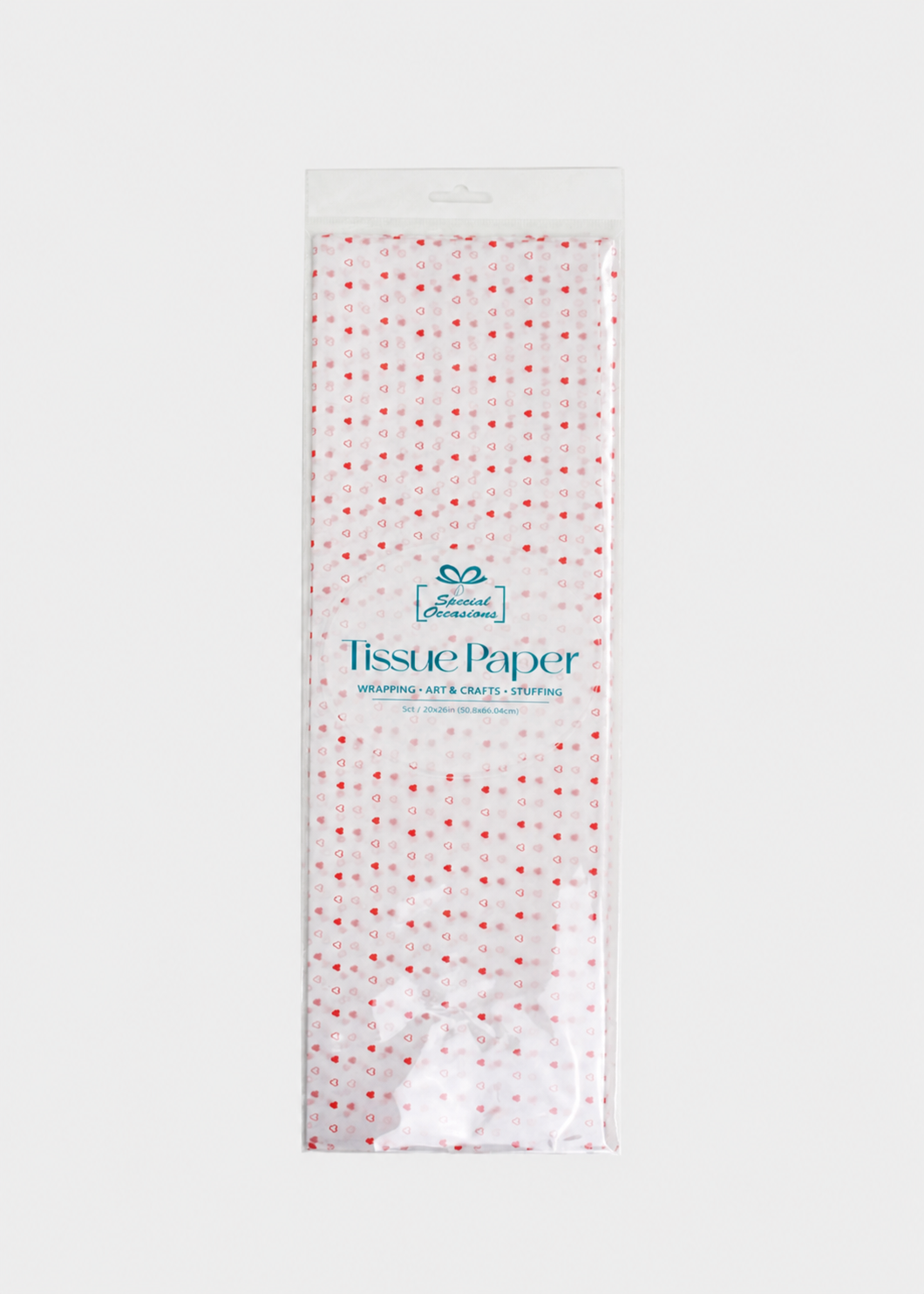 Pack of tissue paper with red hearts on a white background