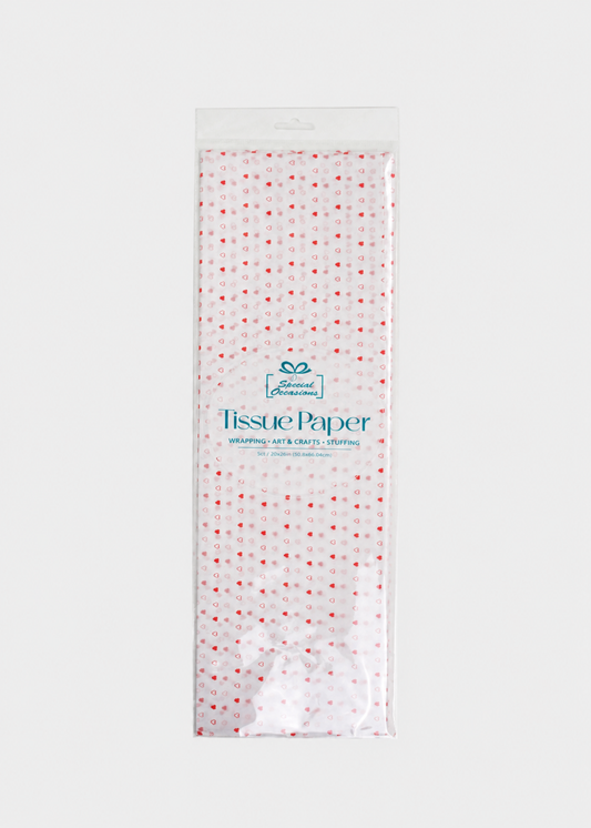 Pack of tissue paper with red hearts on a white background