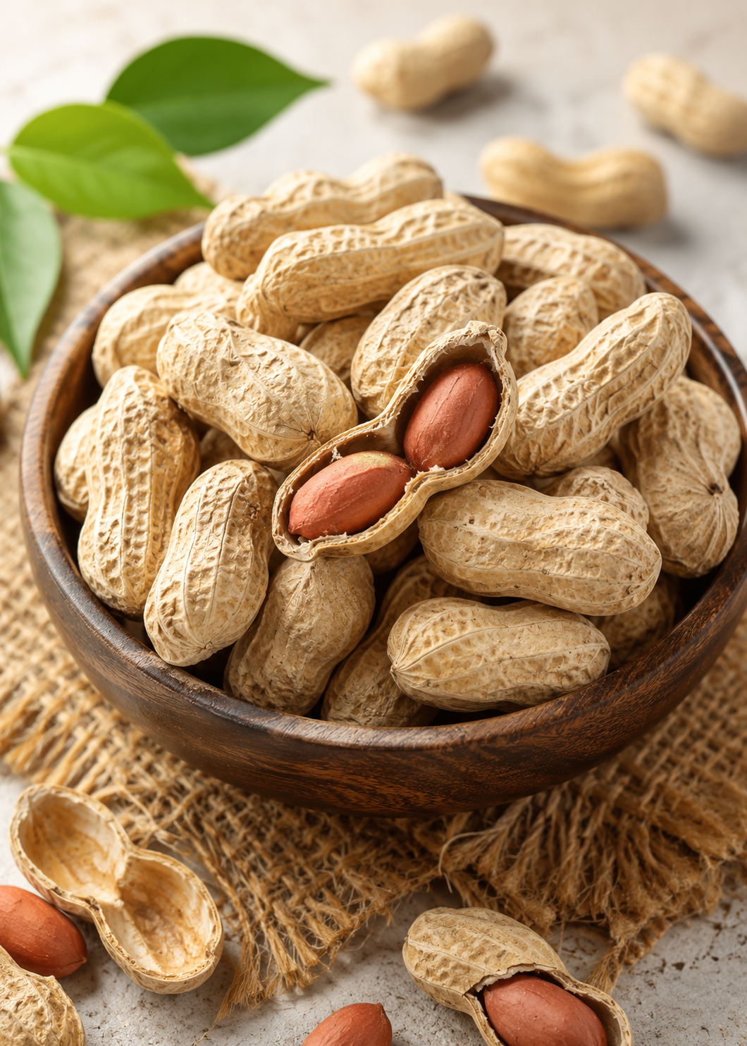 A wooden bowl filled with raw peanuts in their shells, with one peanut split open to show the reddish-brown nut inside. More peanuts and a few green leaves are scattered around on a light stone surface and burlap fabric.