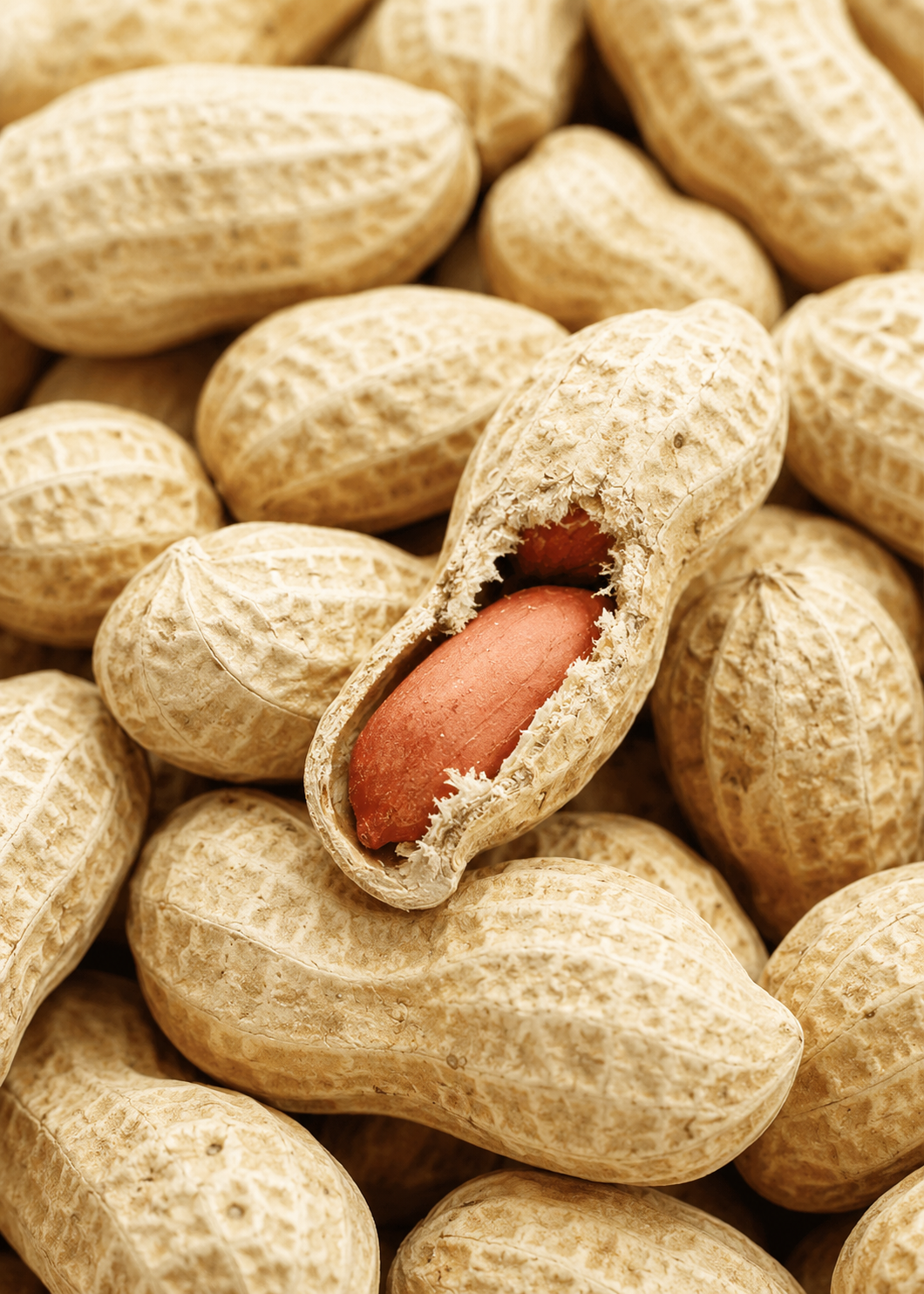 A close-up pile of whole peanuts in their textured beige shells, with one peanut shell cracked open to reveal a reddish-brown inner peanut.