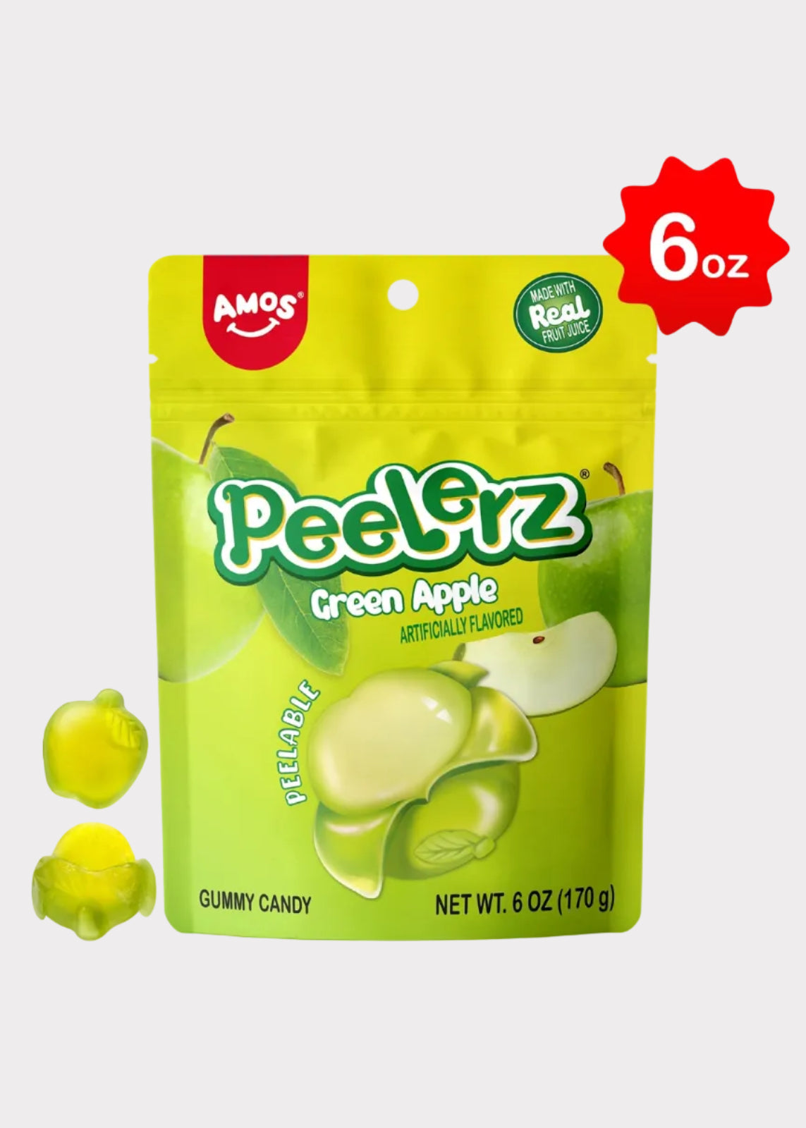 Green apple gummy candy package with 'Amos' branding on a white background