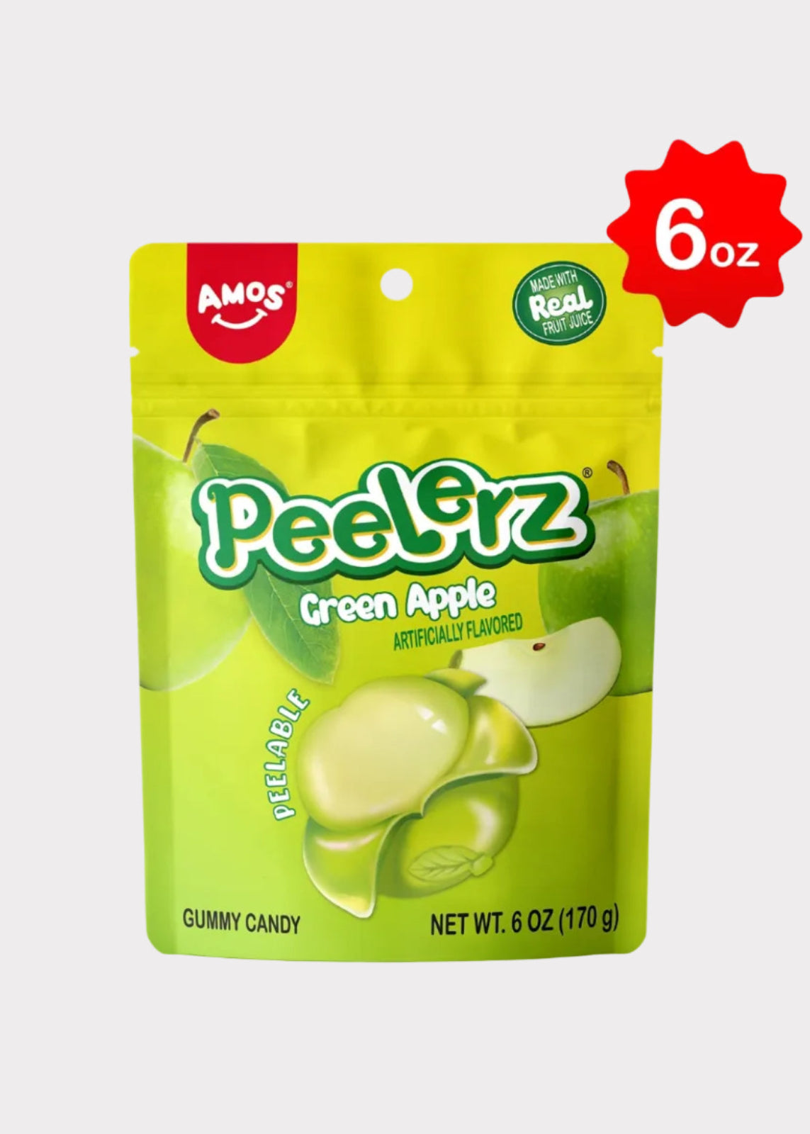 Packaging of Amos Peelerz Green Apple gummy candy with a 6 oz label.