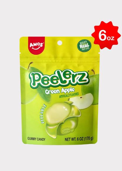 Packaging of Amos Peelerz Green Apple gummy candy with a 6 oz label.