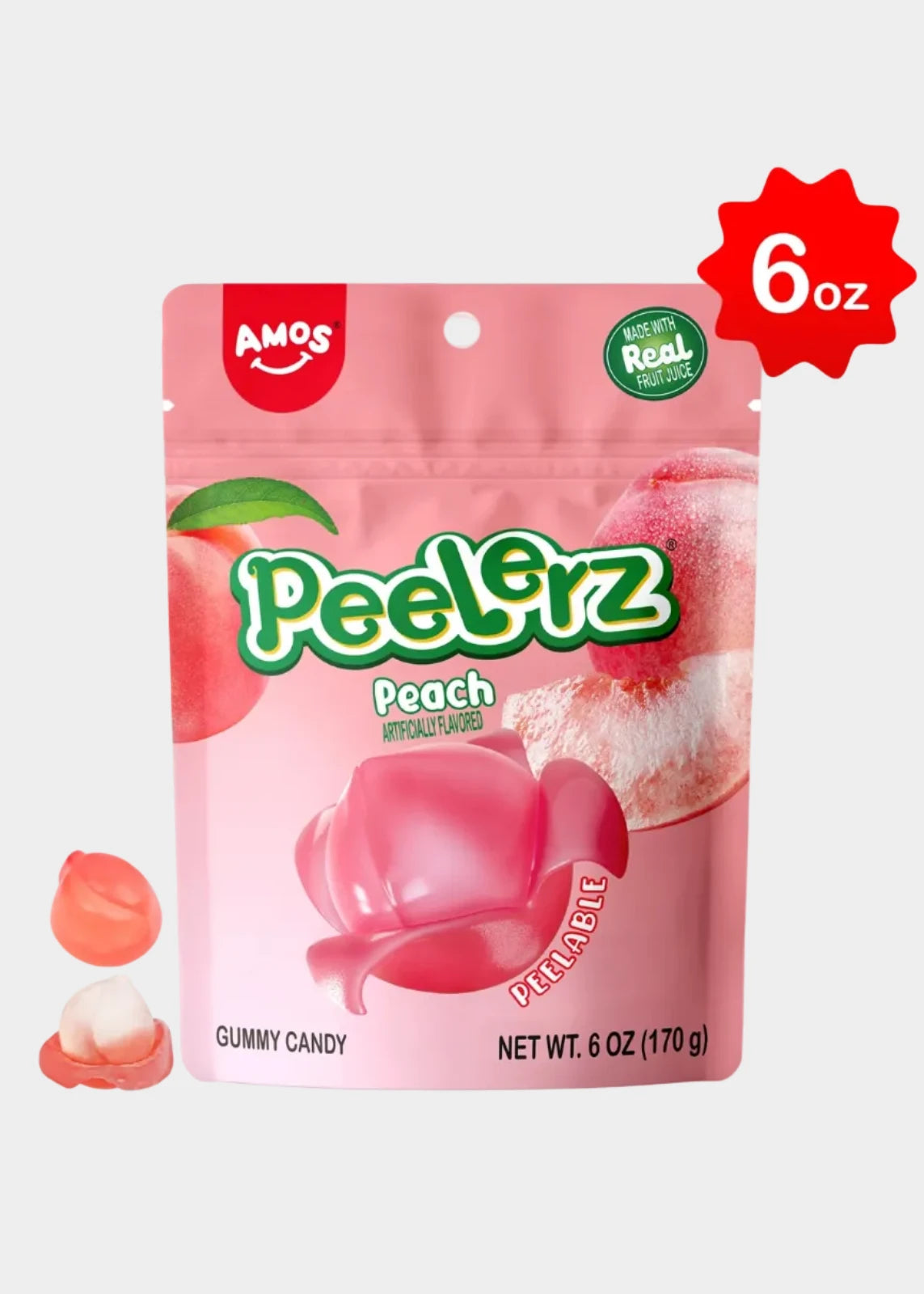 Package of Amos PeelErz Peach gummy candy with a 6 oz label on a white background