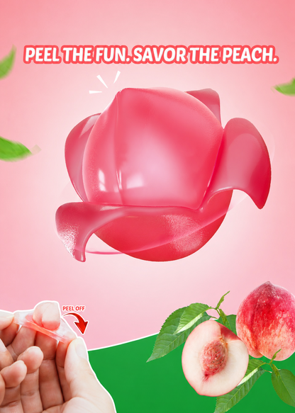 Pink peach-shaped product with text 'Peel the Fun, Savor the Peach' on a pink background.