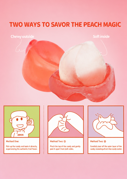Promotional graphic for a product with peach illustration and text on a pink background