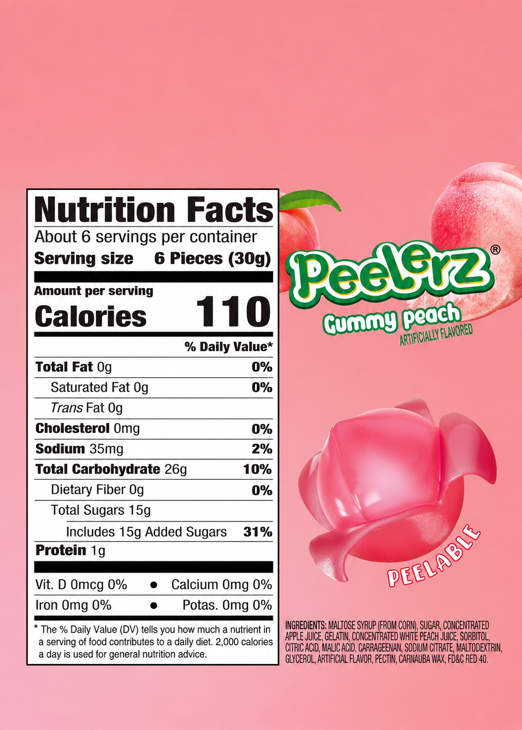 Nutrition facts label and packaging of PeelErz Gummy Peach on a pink background