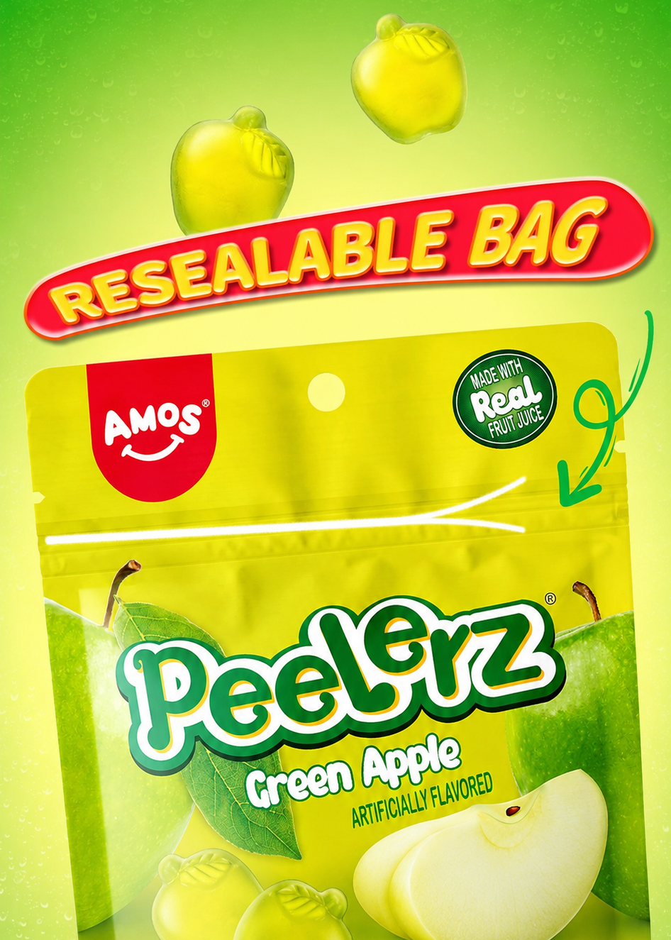 Amos Peelers green apple snack package with resealable bag feature on a green background