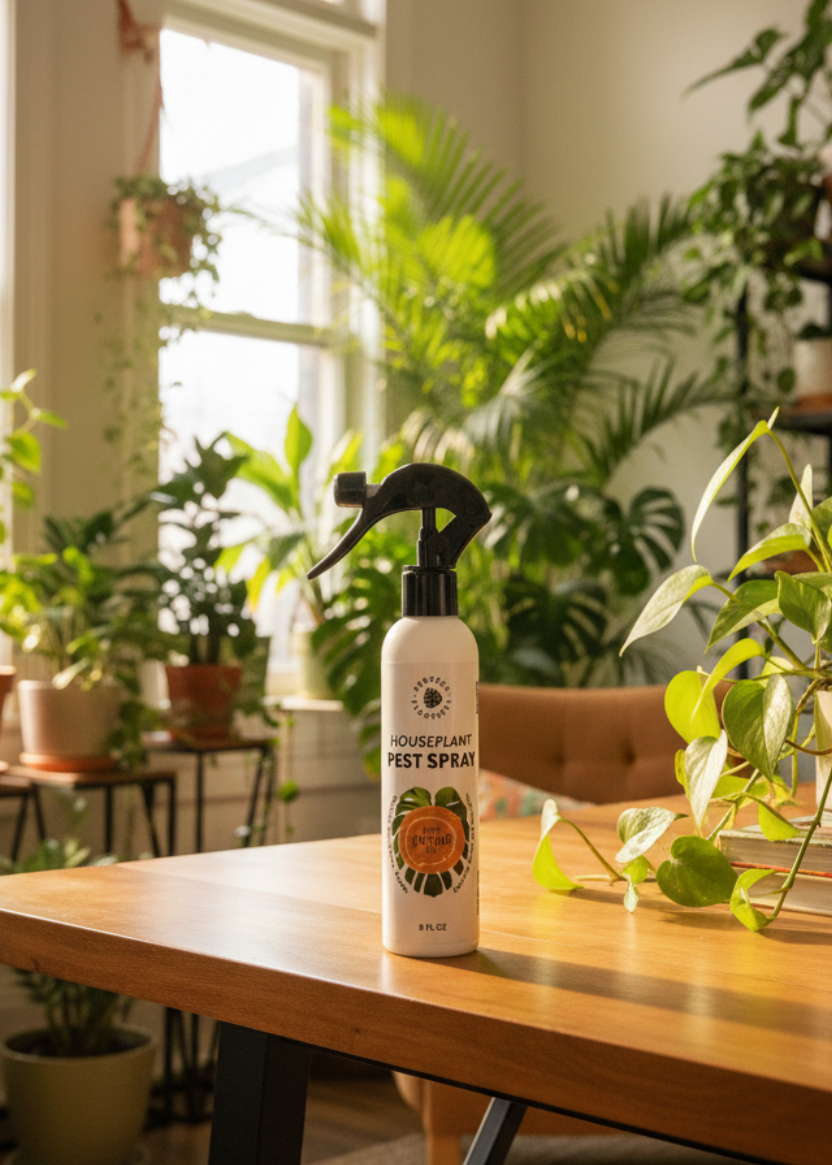 Spray bottle on a wooden table with plants in the background