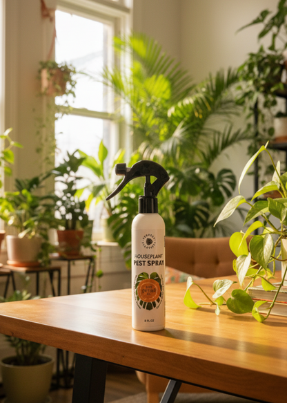 Spray bottle on a wooden table with plants in the background