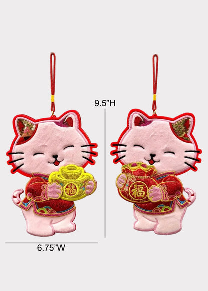 Pink Lucky Wealth Cat Plush Hanging Decor Set - Embroidered Lunar New Year Ornament Pair
