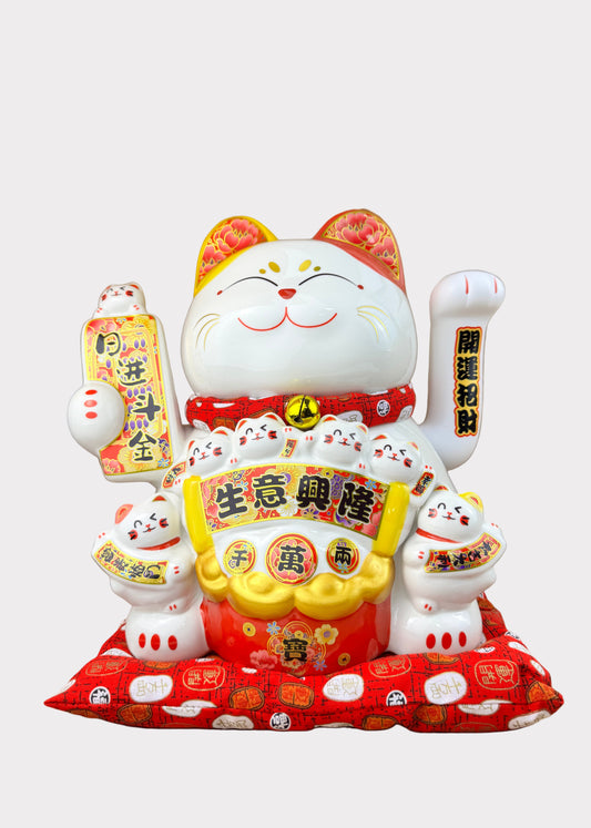 Lucky Money Cat with Wealth Bucket – Porcelain – Battery or DC Powered Figurine