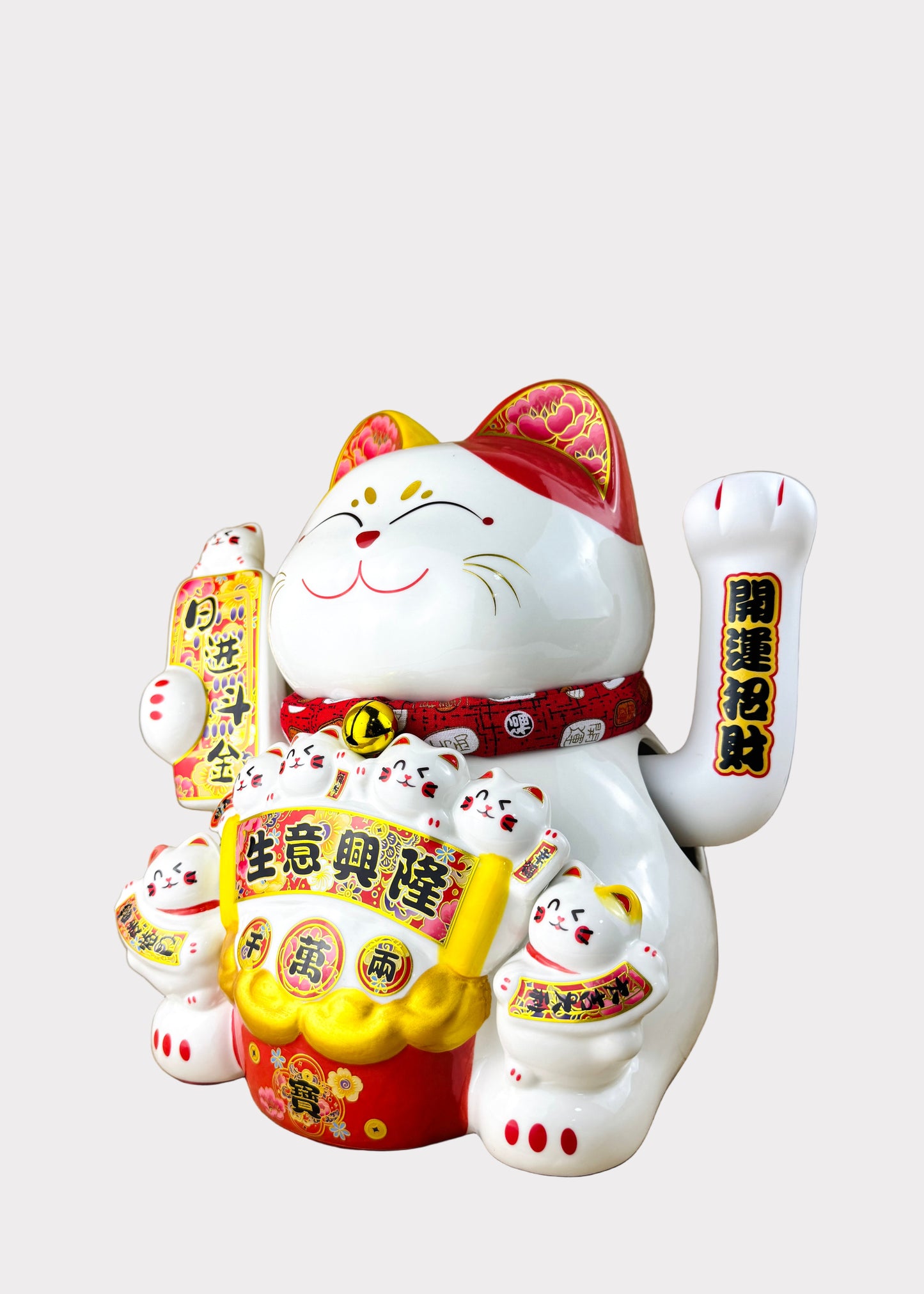 Lucky Money Cat with Wealth Bucket – Porcelain – Battery or DC Powered Figurine