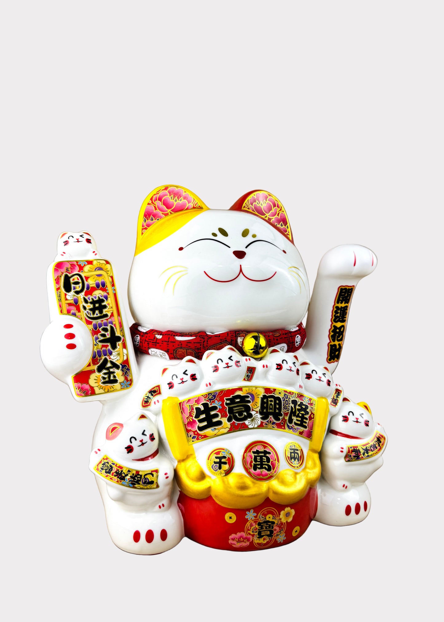 Lucky Money Cat with Wealth Bucket – Porcelain – Battery or DC Powered Figurine