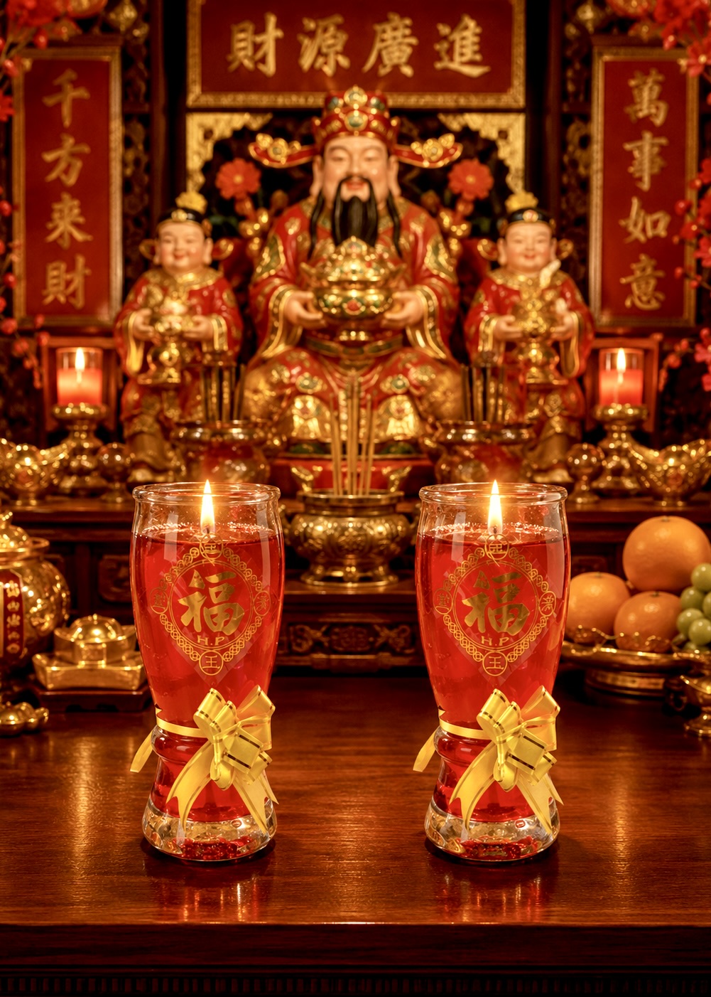 Two tall red glass candle holders with gold Chinese characters and ribbon bows, placed on a wooden altar in front of a golden deity statue with lit candles.