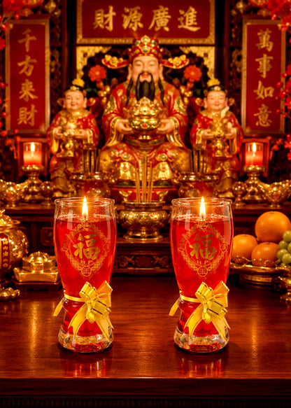 Two tall red glass candle holders with gold Chinese characters and ribbon bows, placed on a wooden altar in front of a golden deity statue with lit candles.