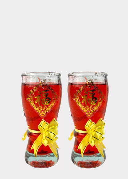 Red Glass Gel Altar Candles with Lucky Fortune Symbol (2 Pieces)