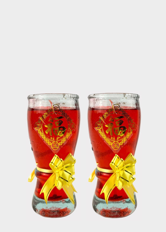 Red Glass Gel Altar Candles with Lucky Fortune Symbol (2 Pieces)