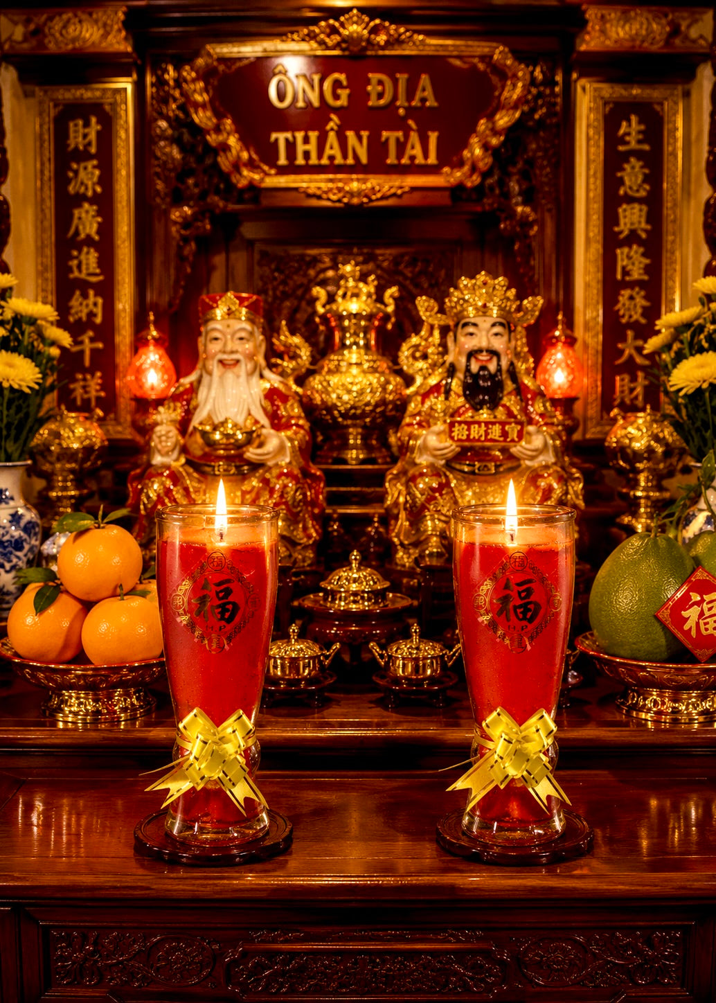 Tall Red Glass Gel Altar Candles with Lucky Fortune Symbol