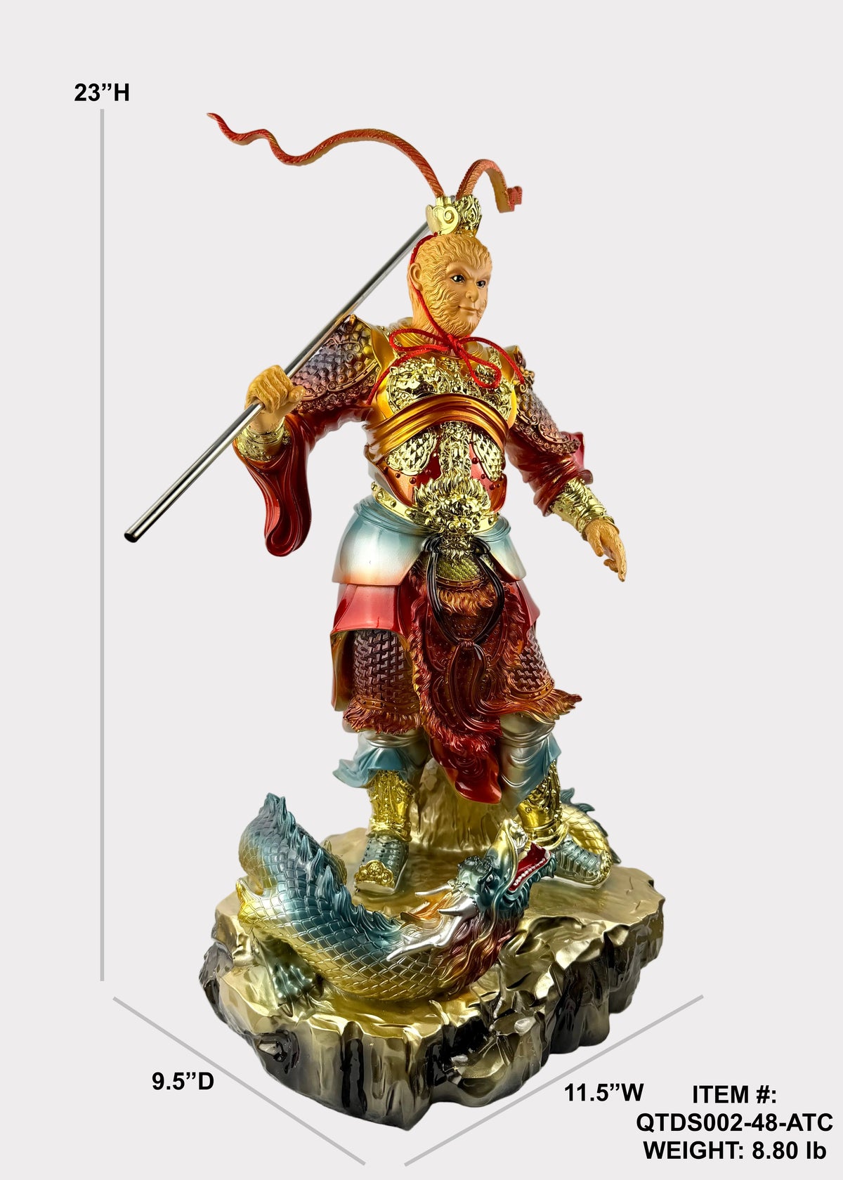 A colorful Chinese deity statue of a warrior standing on a dragon base, shown with dimension lines indicating 23H, 9.5D, and 11.