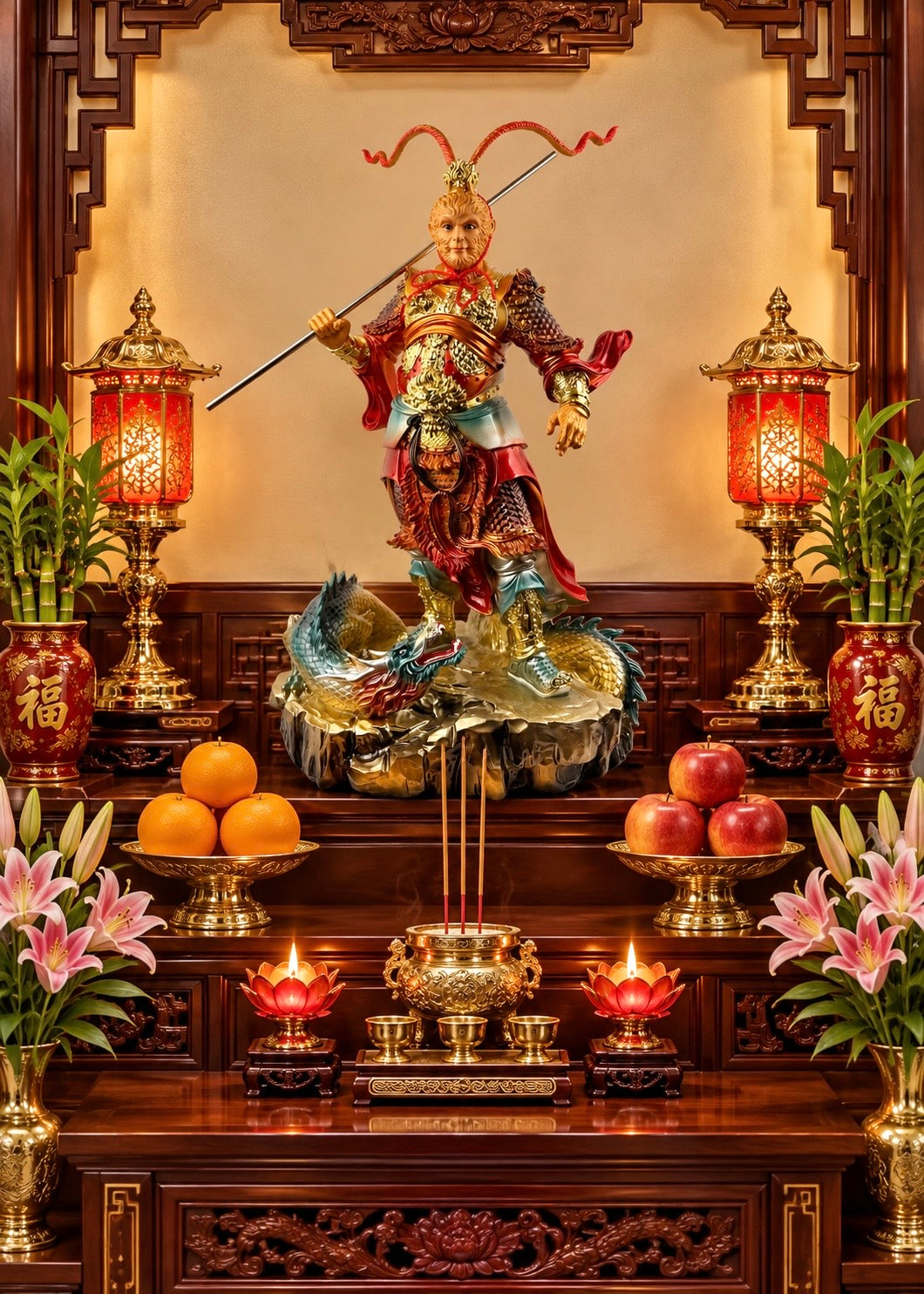 A detailed Chinese deity statue of a warrior on a dragon base, displayed on a dark wooden altar with incense burners, red lanterns, fruit, and flowers.