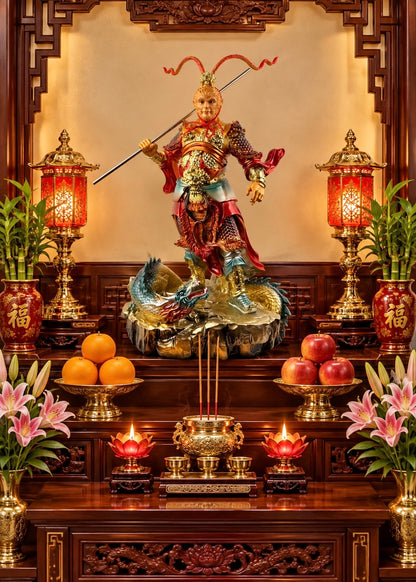 A detailed Chinese deity statue of a warrior on a dragon base, displayed on a dark wooden altar with incense burners, red lanterns, fruit, and flowers.