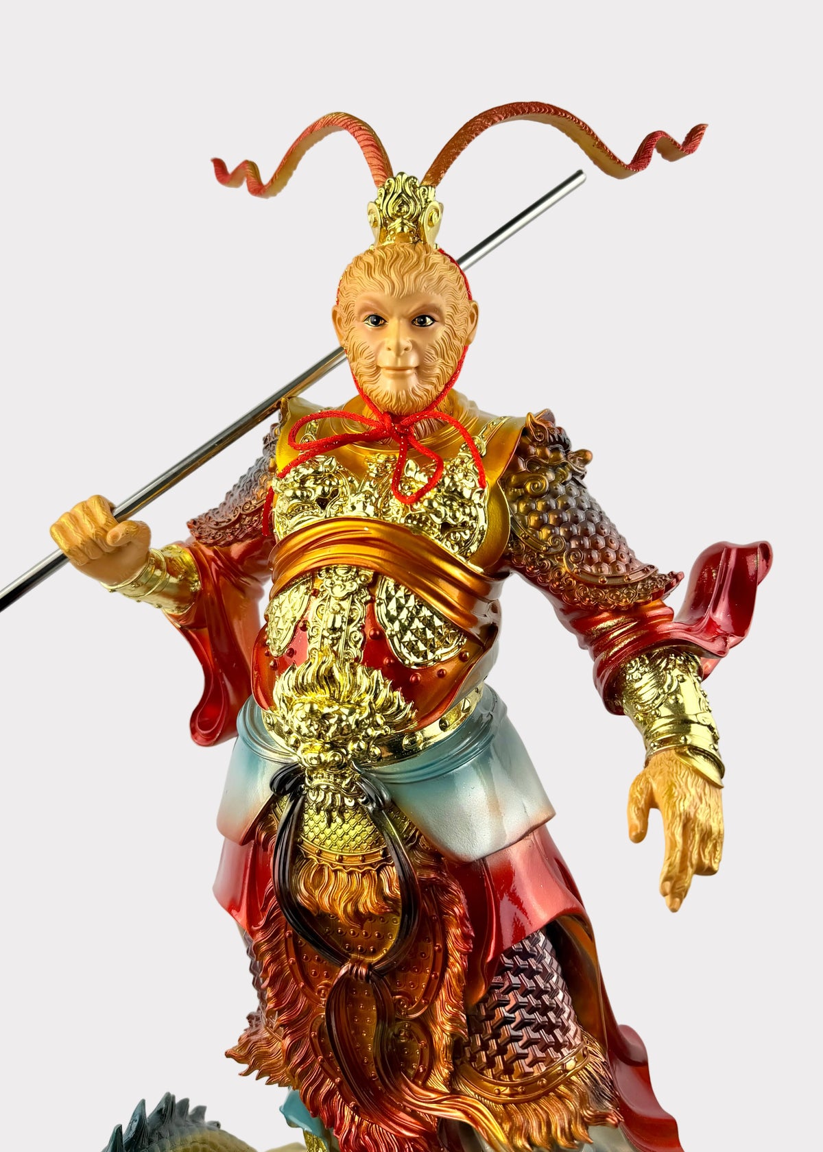 Monkey King Sun Wukong Warrior with Dragon Statue
