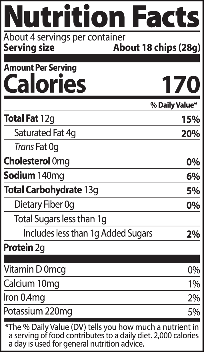 Nutrition facts label for a snack product with serving size and calories displayed.