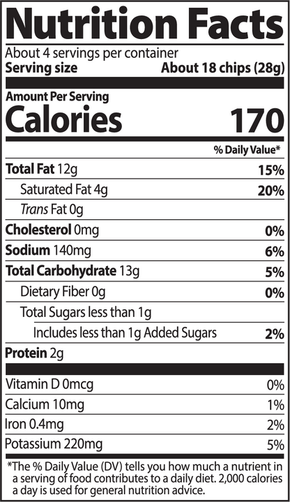 Nutrition facts label for a snack product with serving size and calories displayed.