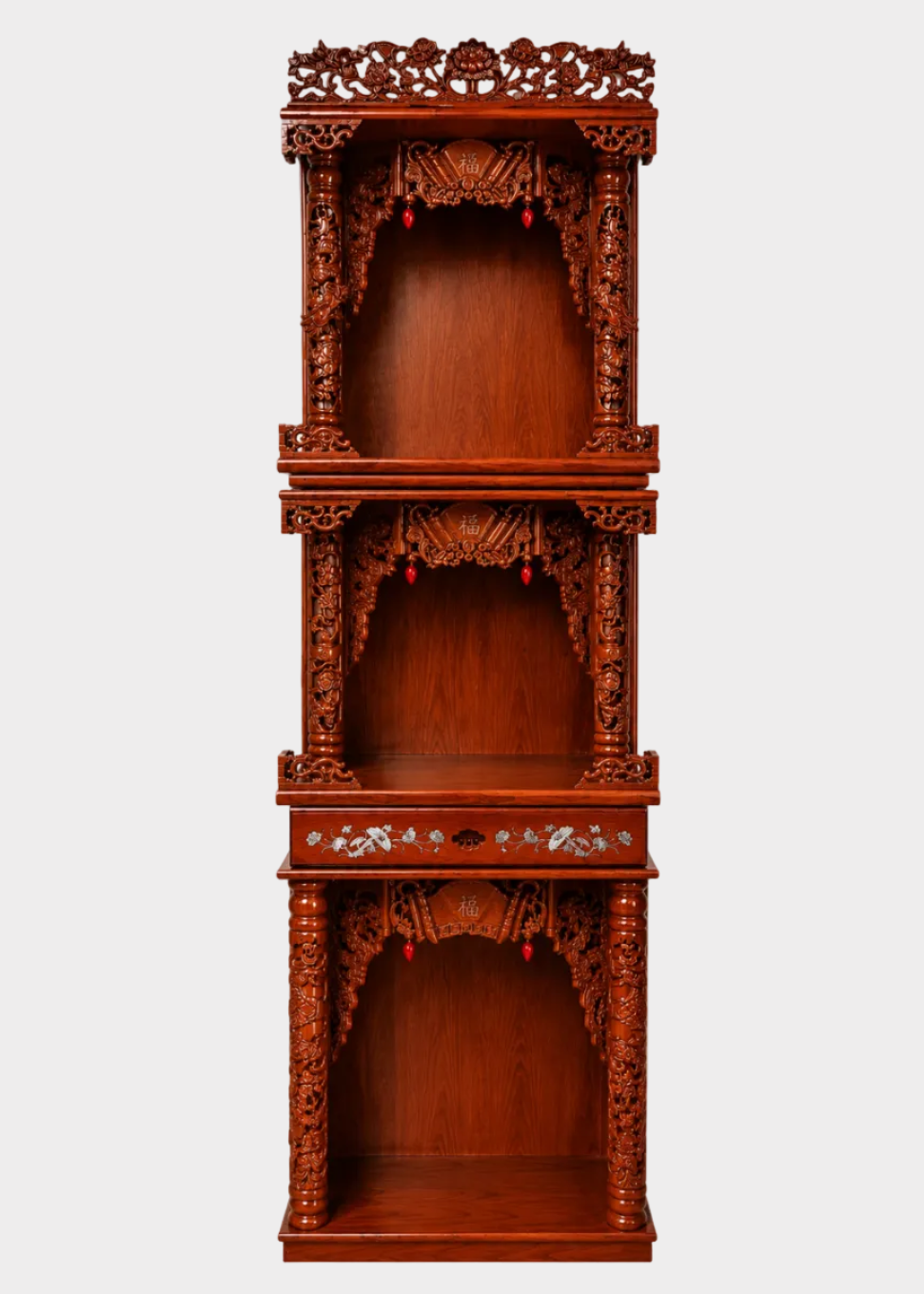 Ornate 3-Tier Wooden Altar with Carved Dragons & Built-In LED Lights