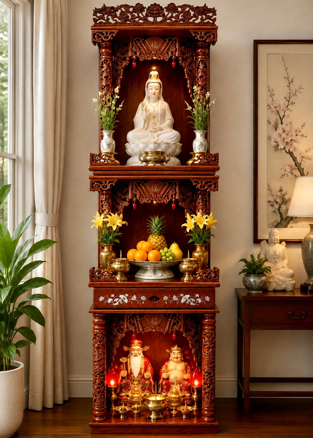 Ornate 3-Tier Wooden Altar with Carved Dragons & Built-In LED Lights
