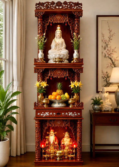 Ornate 3-Tier Wooden Altar with Carved Dragons & Built-In LED Lights