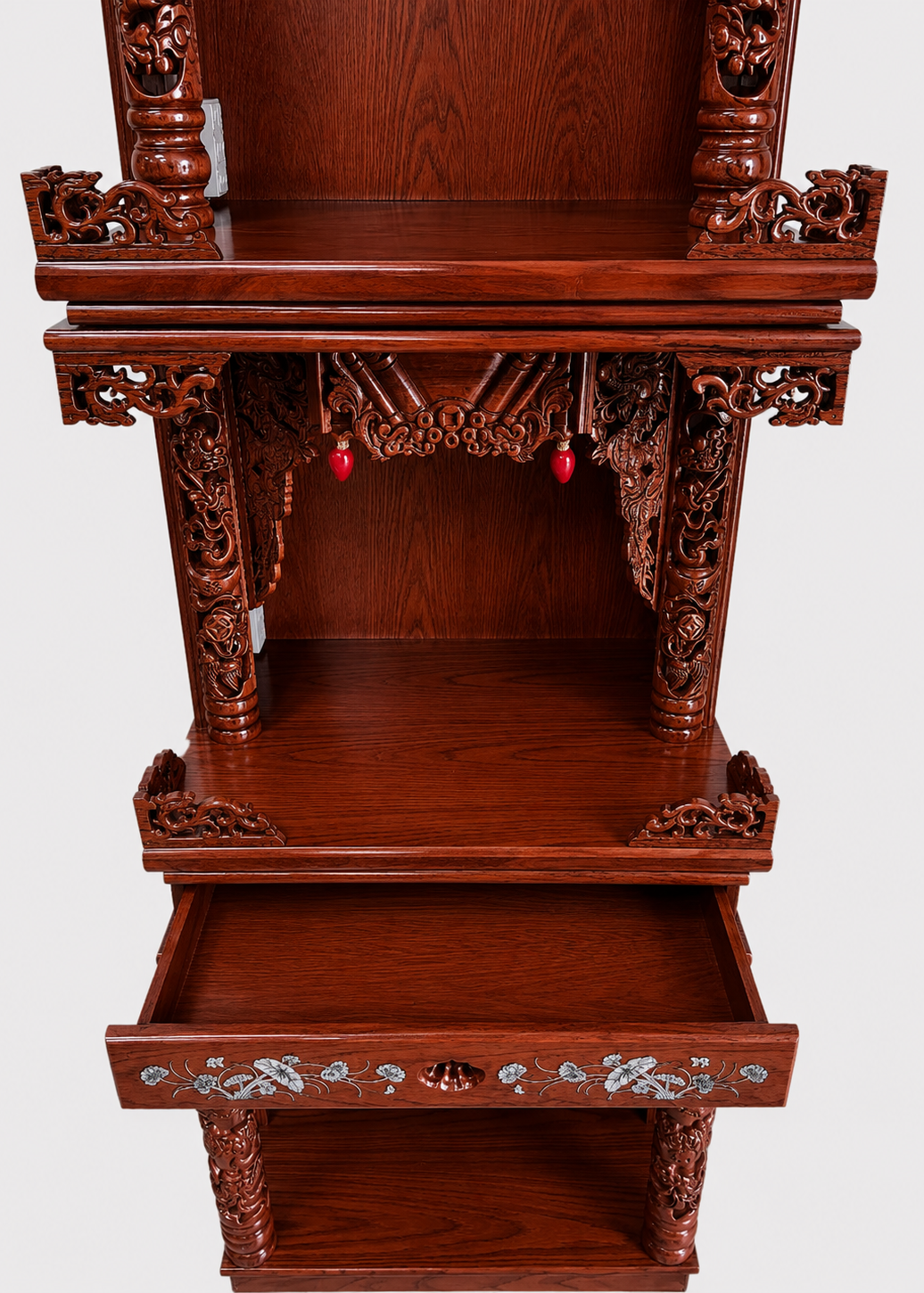 Ornate 3-Tier Wooden Altar with Carved Dragons & Built-In LED Lights