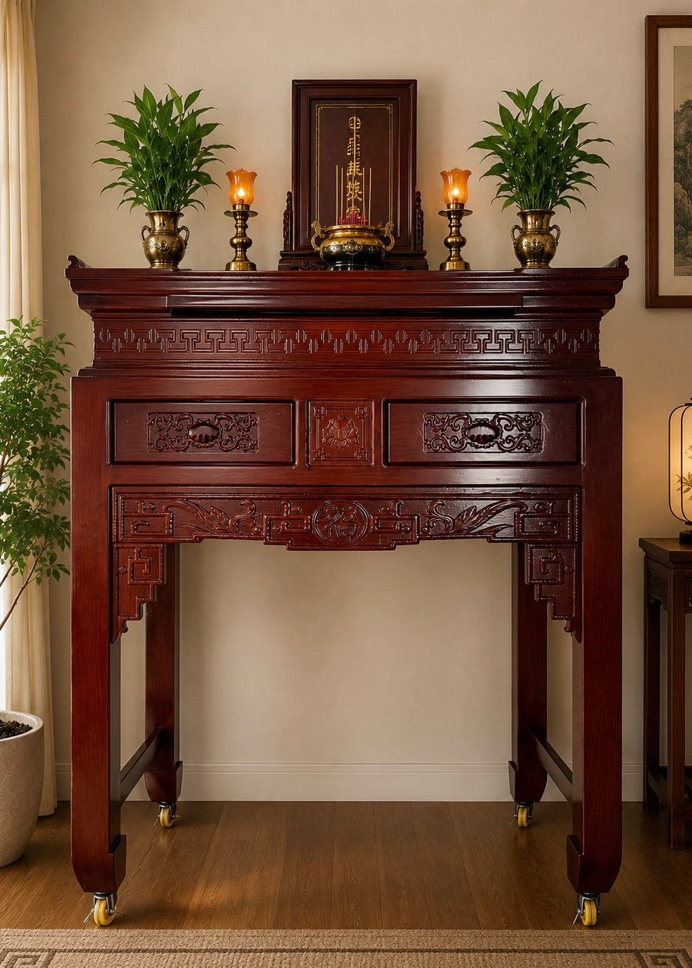 Traditional Wooden Altar Table with Locking Wheels