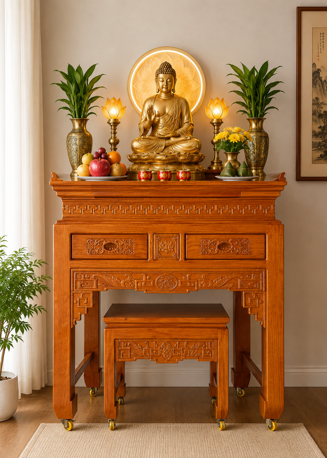 Traditional Honey Finish Altar & Offering Table Set