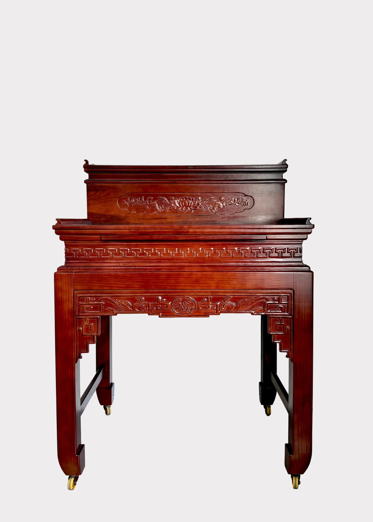 Traditional Two-Tier Buddhist Altar Table with Carved Solid Wood Design
