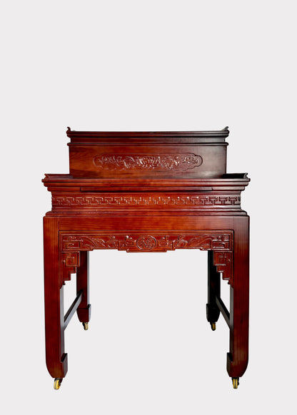 Traditional Two-Tier Buddhist Altar Table with Carved Solid Wood Design