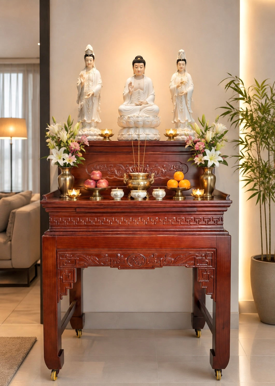 Traditional Two-Tier Buddhist Altar Table with Carved Solid Wood Design