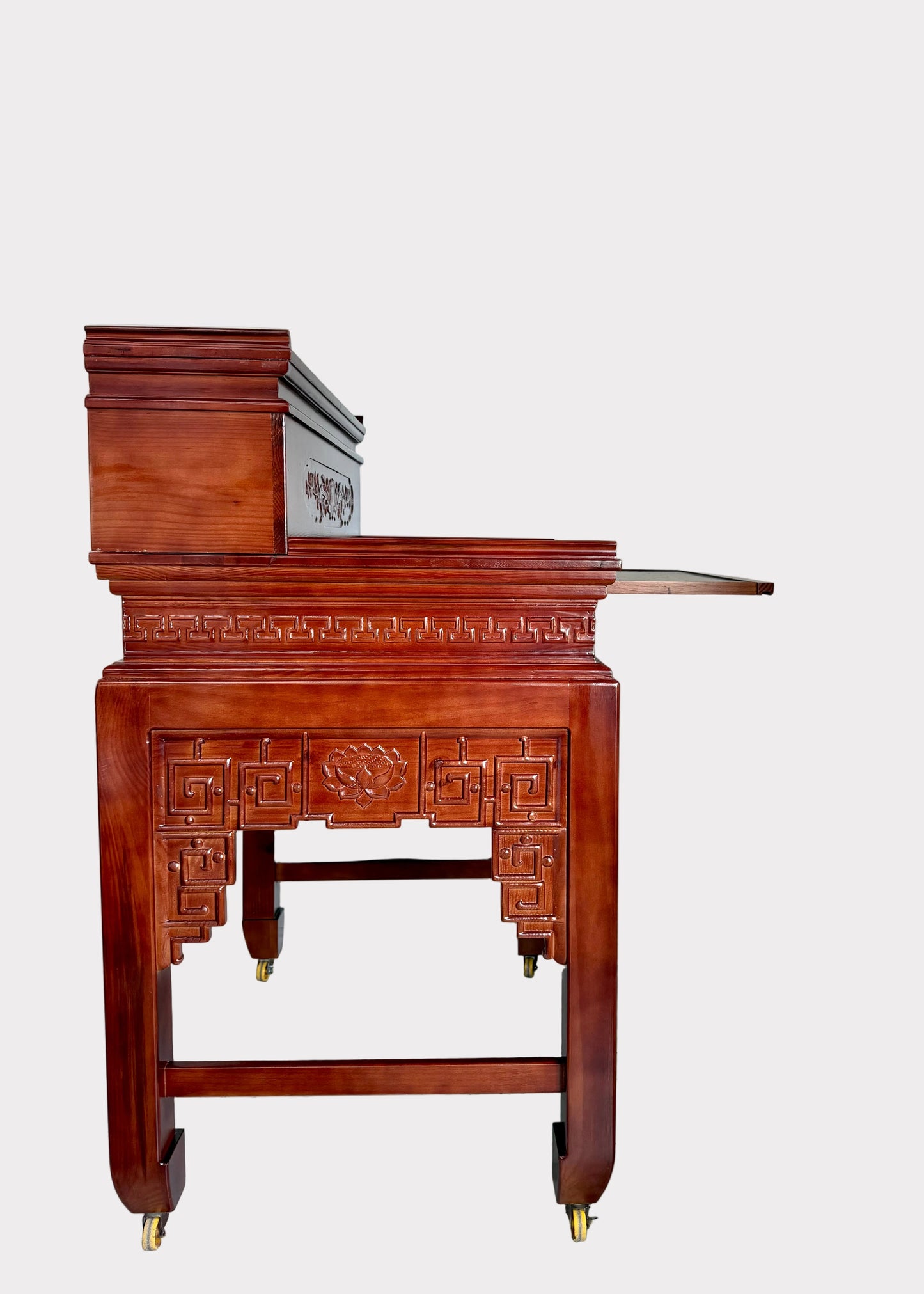Traditional Two-Tier Buddhist Altar Table with Carved Solid Wood Design