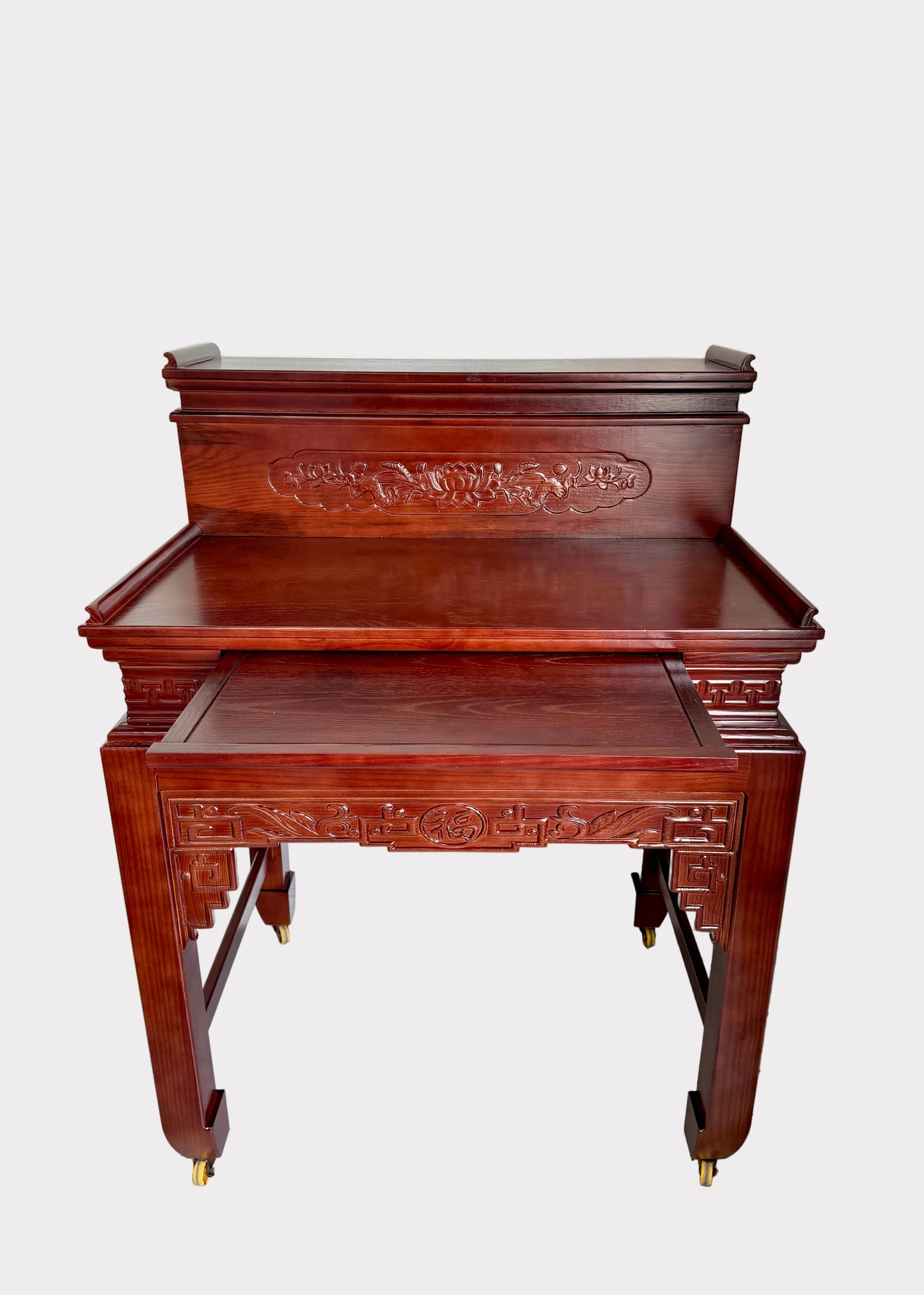 Traditional Two-Tier Buddhist Altar Table with Carved Solid Wood Design