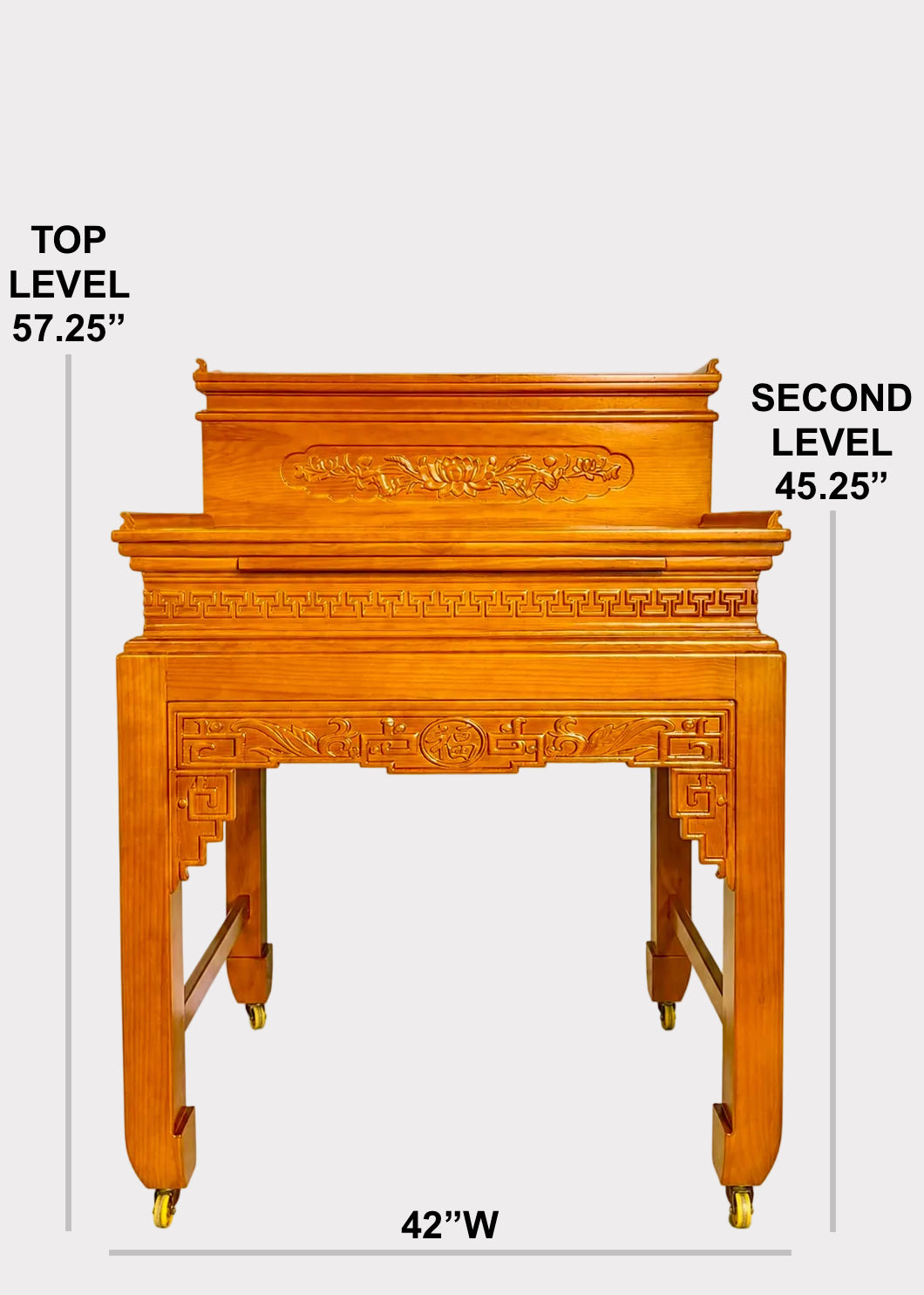 Honey Finish Two-Tier Solid Wood Buddhist Altar Table with Traditional Carved Design