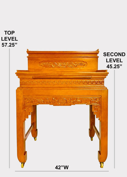 Honey Finish Two-Tier Solid Wood Buddhist Altar Table with Traditional Carved Design