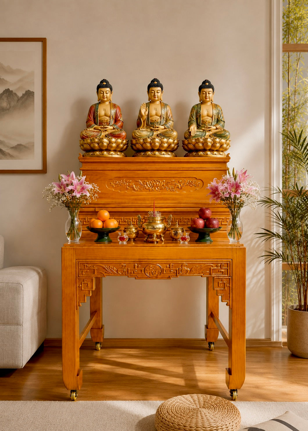 Honey Finish Two-Tier Solid Wood Buddhist Altar Table with Traditional Carved Design