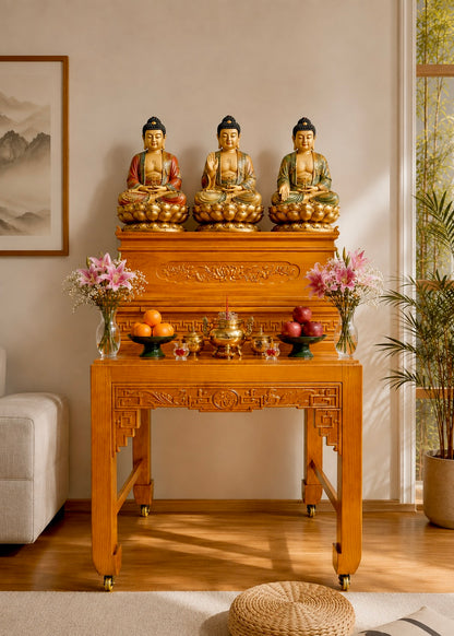 Honey Finish Two-Tier Solid Wood Buddhist Altar Table with Traditional Carved Design