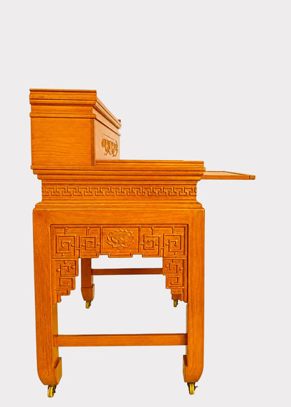 Honey Finish Two-Tier Solid Wood Buddhist Altar Table with Traditional Carved Design