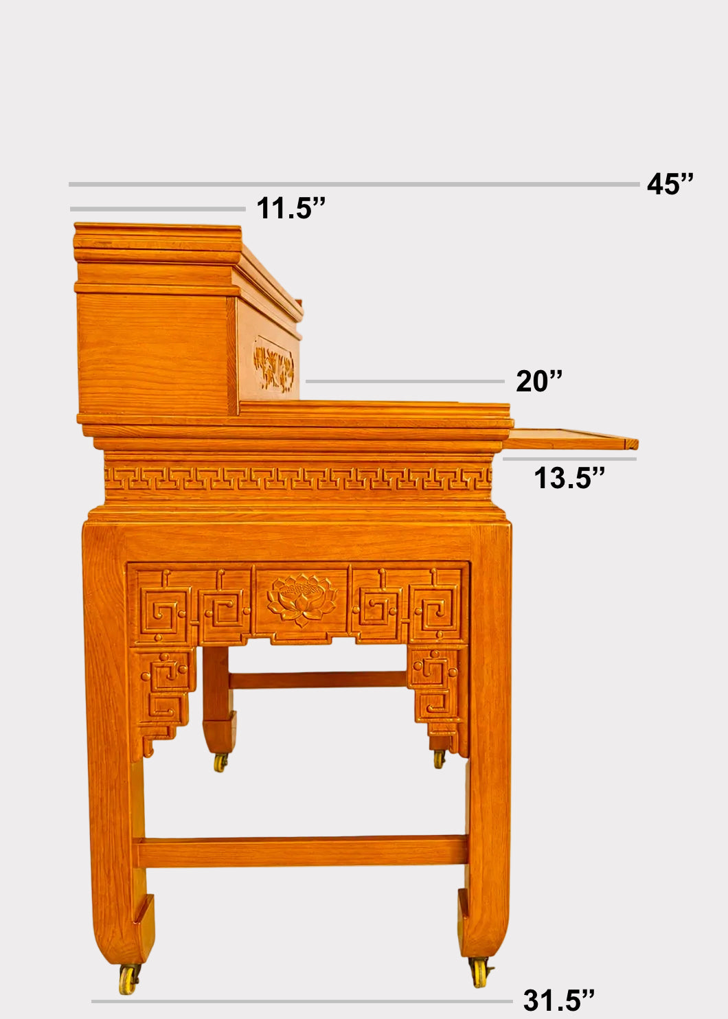 Honey Finish Two-Tier Solid Wood Buddhist Altar Table with Traditional Carved Design